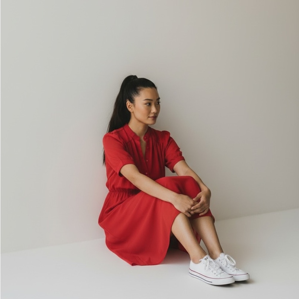 Vintage A-Line Midi Dress Size S Sheer Elastic Waist Solid Red Retro Feminine - Picture 3 of 11